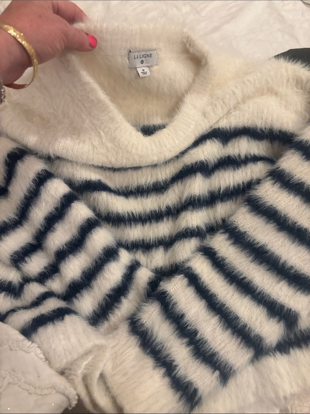 La Ligne Cream & Navy Striped Fuzzy Crew Sweater